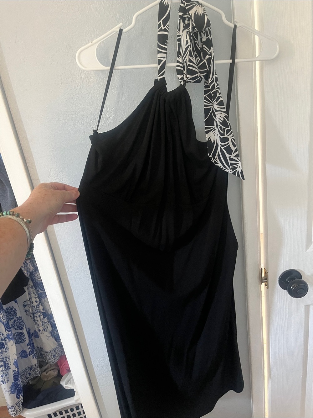 LOFT Black One-Shoulder Dress with Printed Neck Tie